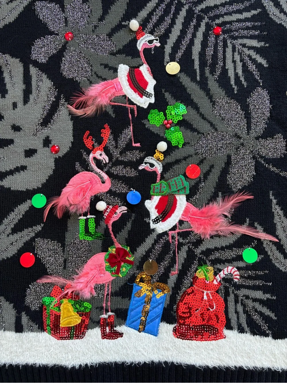 33 Degrees Ugly Christmas Sweater Tropical Flamingos Black Gray